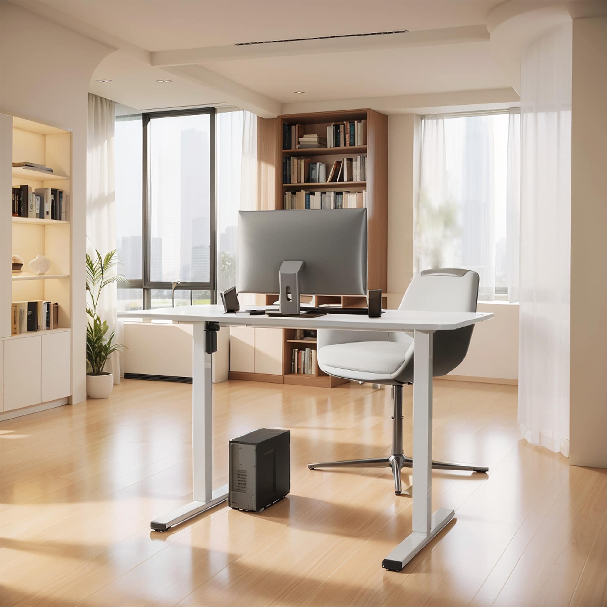 Electric Standing Desk Whole Piece Adjustable Height Desk Home Office Computer Workstation Sit Stand Up Desk (White Frame + White Top)_voghion.com